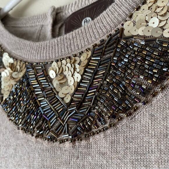 Heartloom | Wool Blend Beaded Embellished Tunic Sweater Winter Cozy Tan Small - Picture 3 of 7